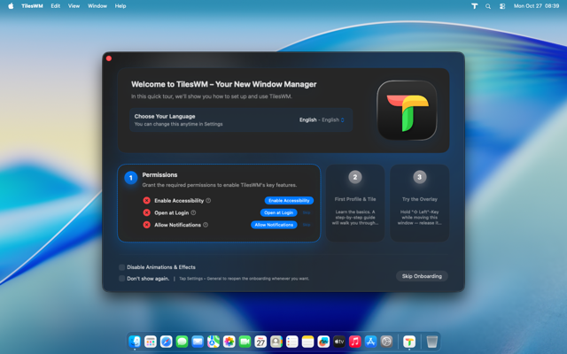 TilesWM welcome screen at first launch