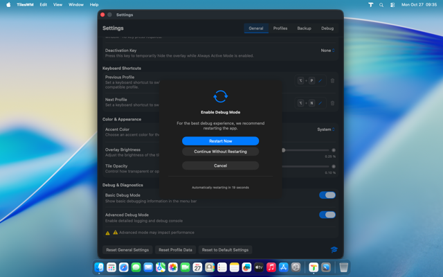 Advanced debug mode restart prompt