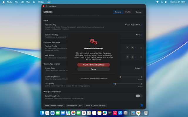 Reset general settings confirmation dialog